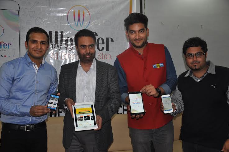 K S Bhatia(2nd from Left), Founder & CEO, Pumpkart.com & popular Radio Jockey  Abhimanyu(3rd from Left) launching tricity's first discount exploration App developed by two Tricity youngsters -- Rajat Bansal(L) & Amit Arora (R).